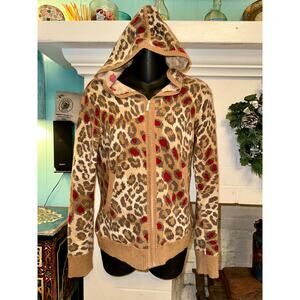 VINTAGE DESIGNER ANIMAL PRINT LEOPARD CASHMERE HOODIE CARDIGAN SWEATER
